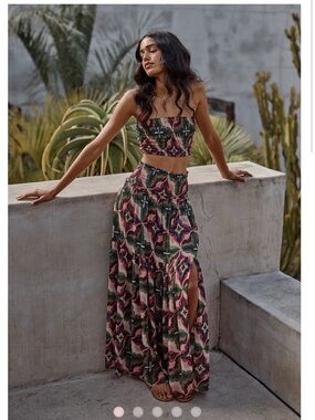 Misa Los Angeles Green & Pink Floral Geometric Maxi Skirt & bandeau top